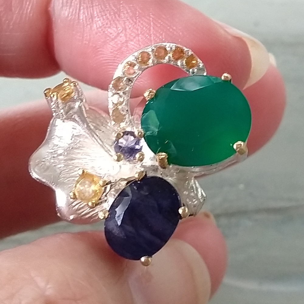 Genuine blue sapphire onix sterling artistic ring
